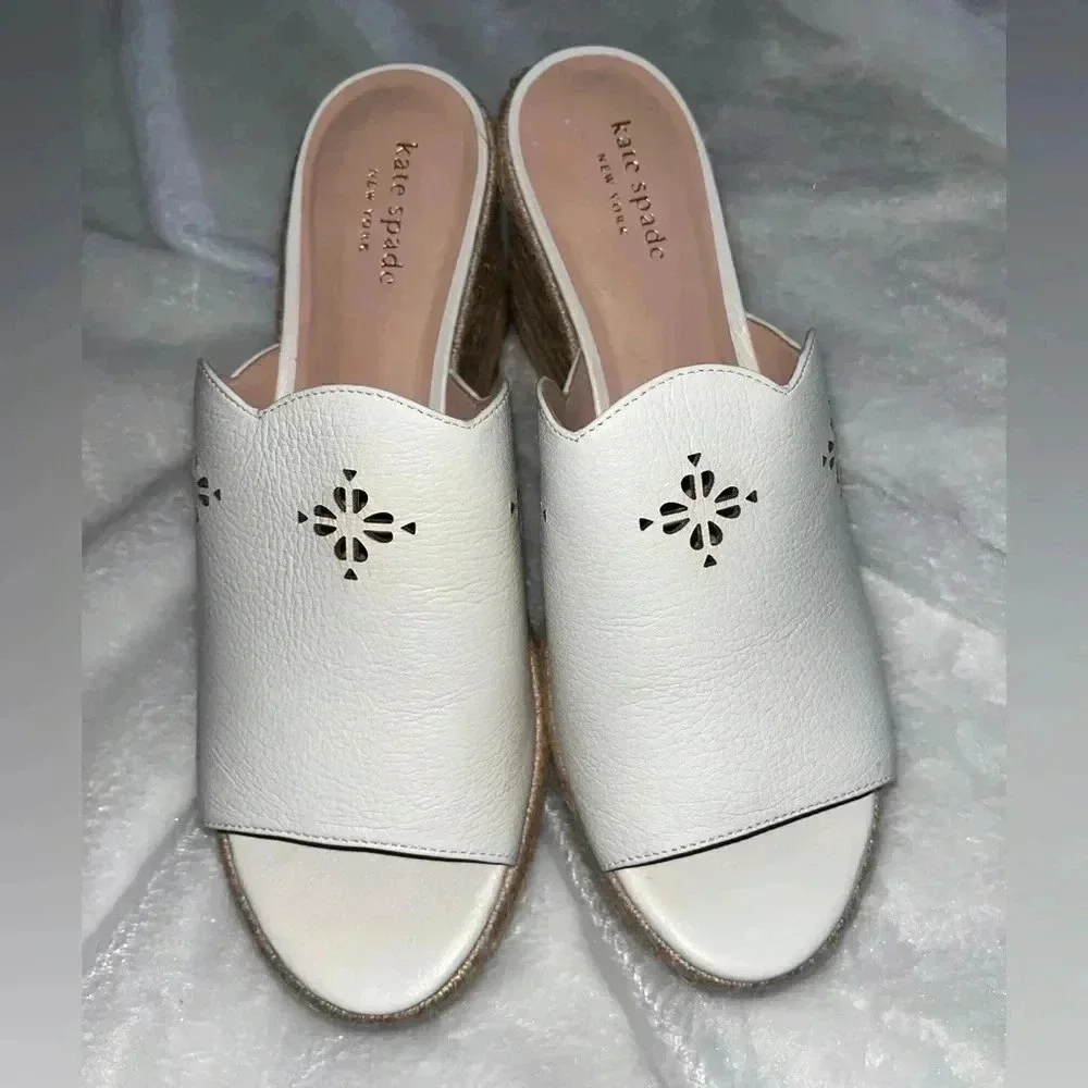 Kate Spade New York Tia Espadrille Wedge Leather Sandals White 9